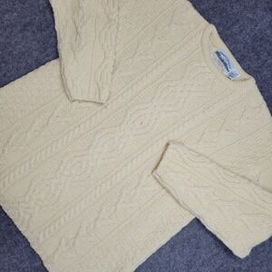 Aran Crafts Sweater Mens Large Yellow Merino Wool Fisherman Cable Knit Ireland